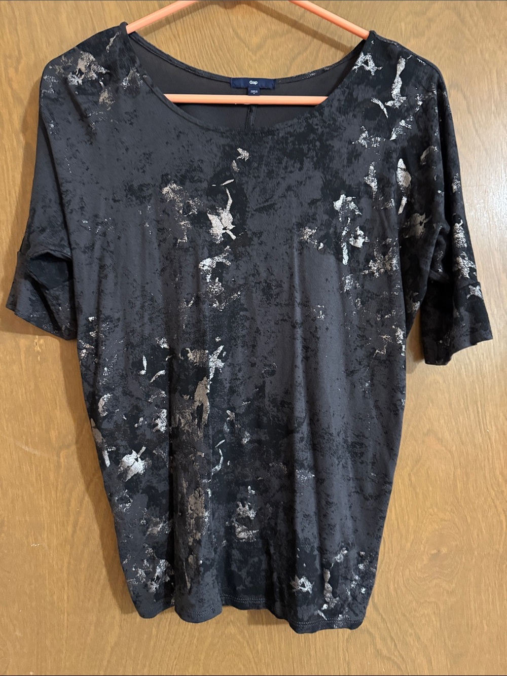 GAP Black Top with Silver Floral Foil Accents
